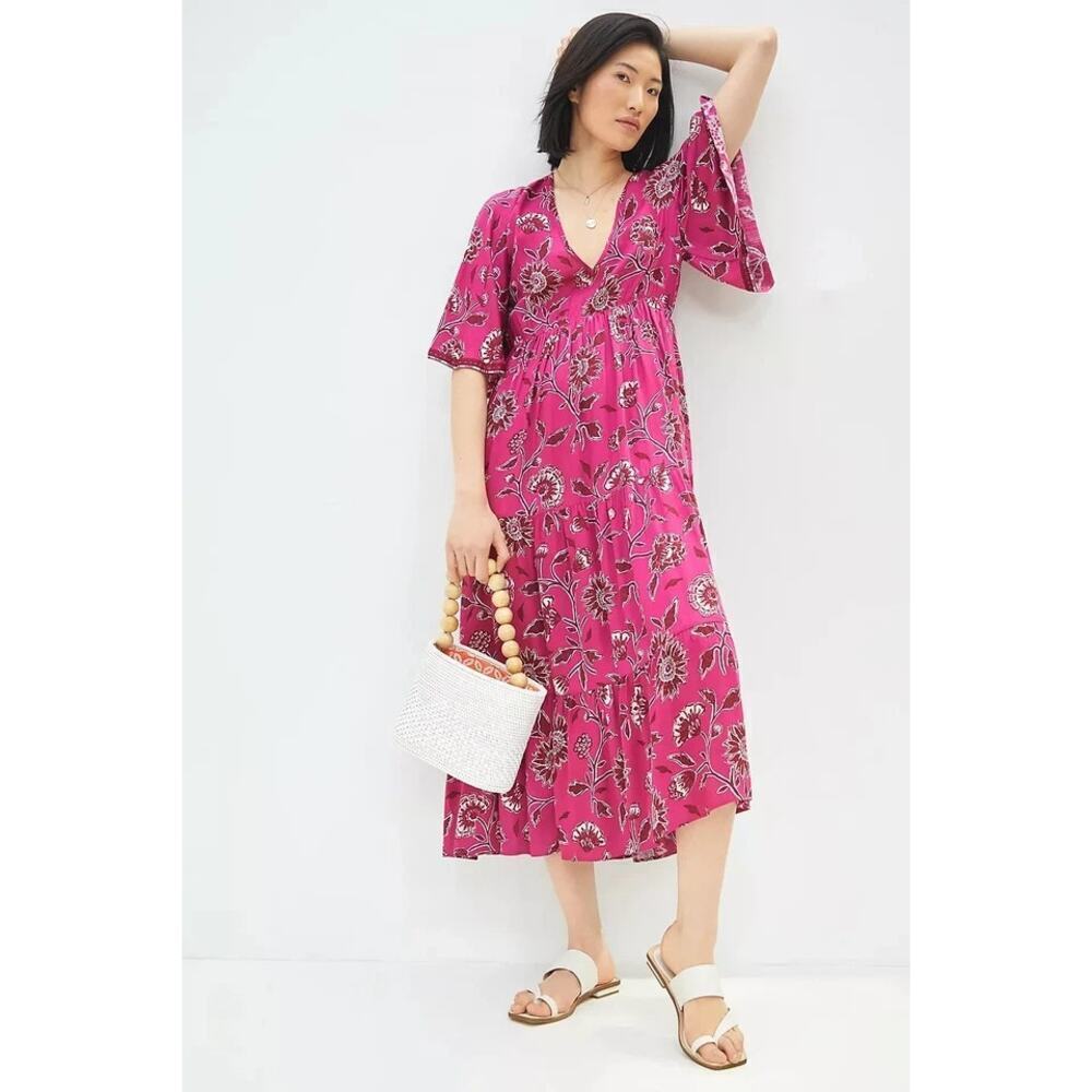 Omika Anthropologie Pia Floral Print Flutter Sleeve V-Neck Midi Sundress Pink XS